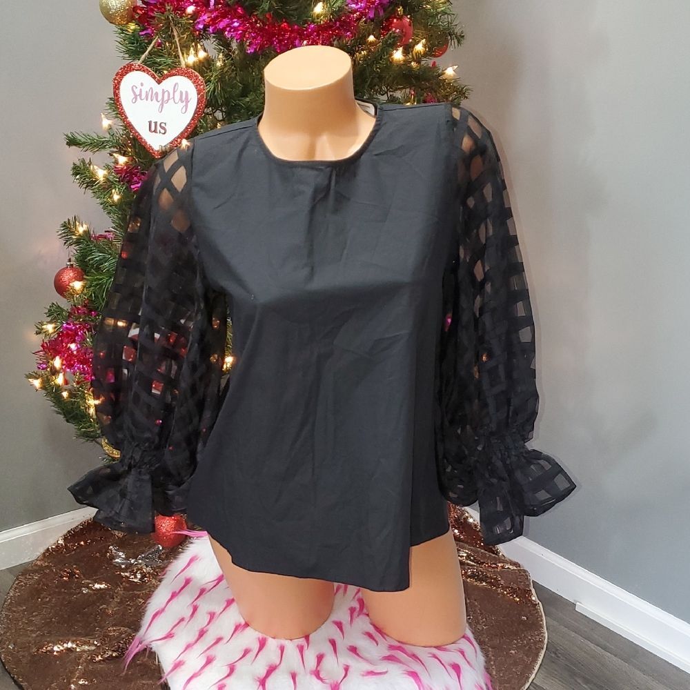 Elegant Black Women's Top with Sheer Balloon Sleeves